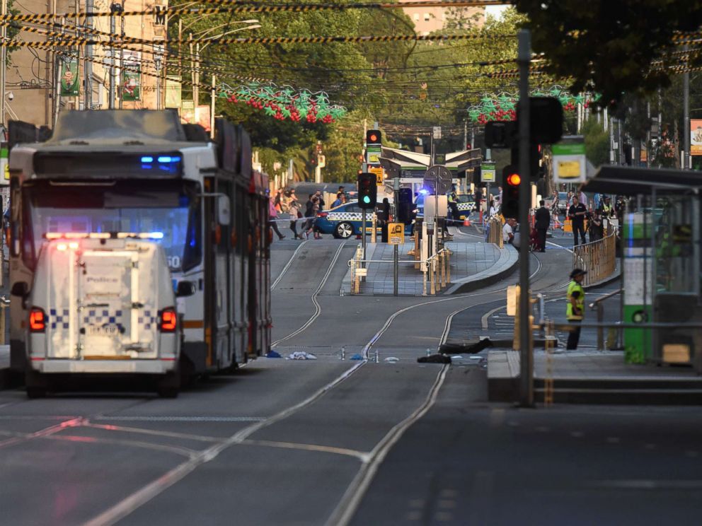 PHOTO: Debris sits in the middle of the road at the scene where a car ran over pedestrians in Melbourne, Australia, Dec. 21, 2017.