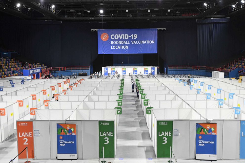 PHOTO: A new COVID-19 vaccination hub is readied at the Brisbane Entertainment Centre in Brisbane, Australia, Sept. 7, 2021.