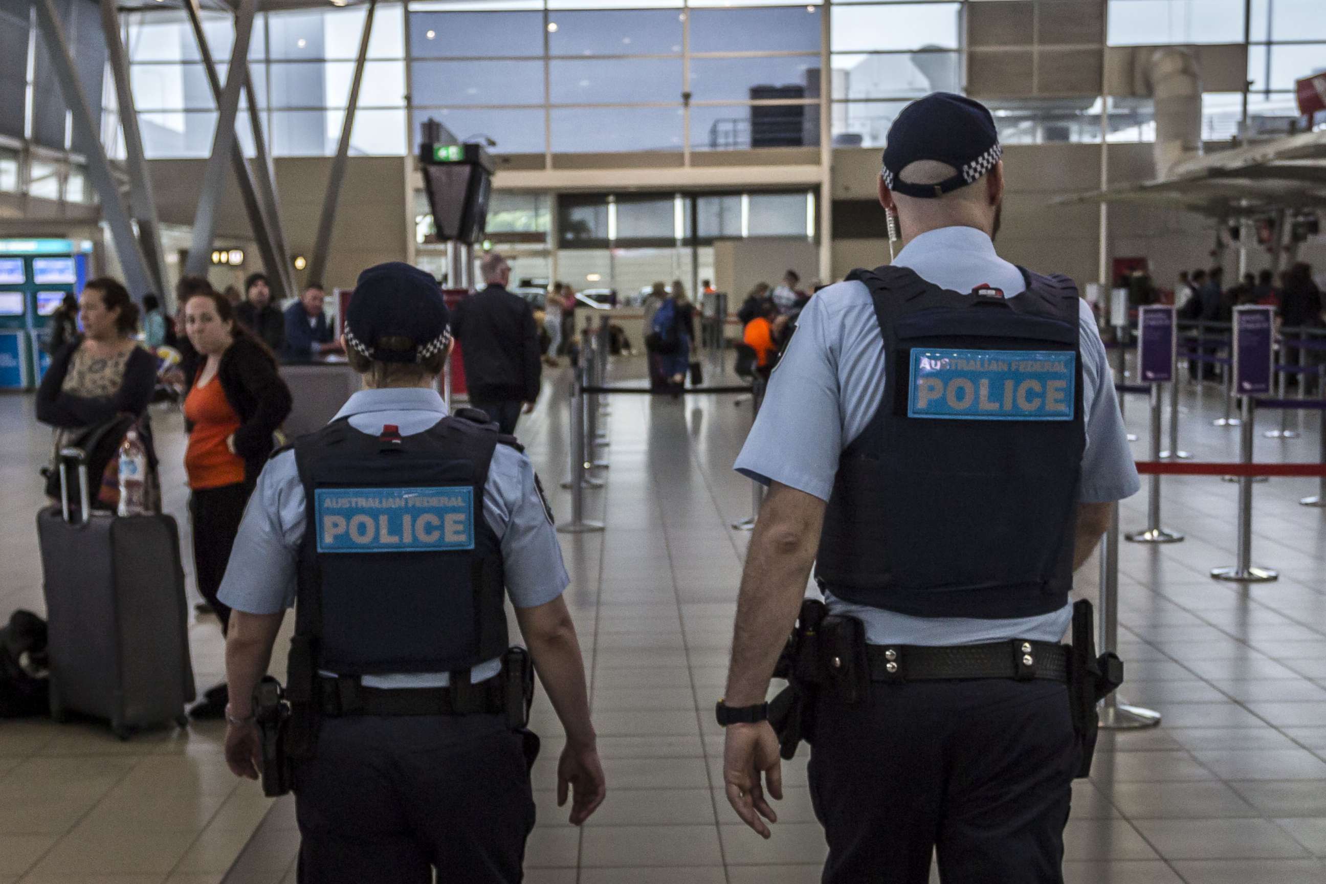PHOTO: Australian Federal Police Officers patrol Sydney Airport, July 31, 2017 in Sydney, Australia. 
