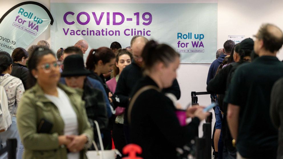 PHOTO: Members of the public wait in line at a COVID-19 mass vaccination clinic in Midland, an eastern suburb of Perth, Australia, Sept. 9, 2021.