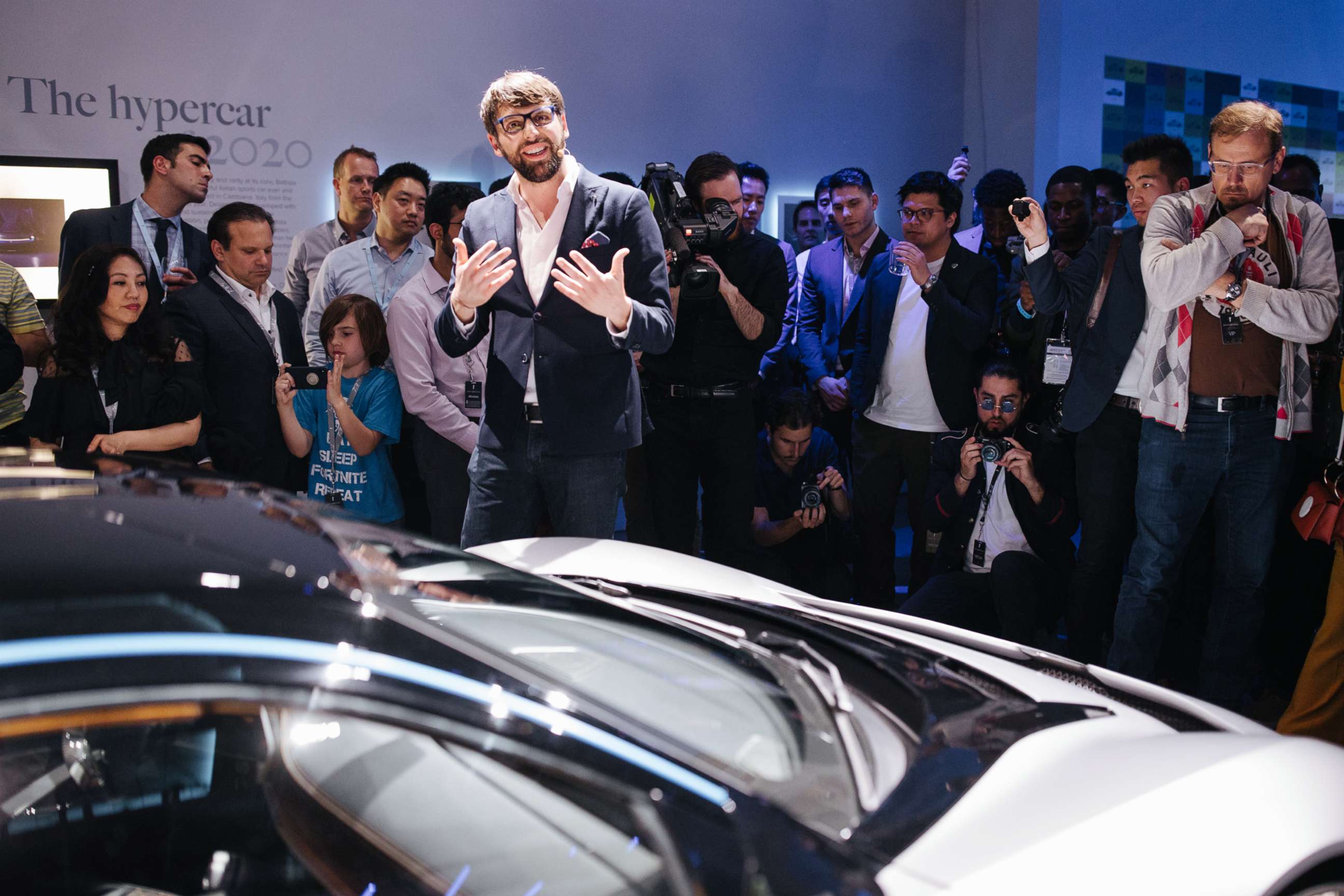 PHOTO: Luca Borgogno, design director of Automobili Pininfarina, describes the Battista as "pure, beautiful and rare." He spoke in New York to potential investors on April 16, 2019. 