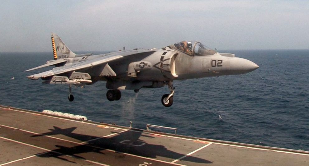 PHOTO: In this file photo taken with a video camera, July 19, 2007, a U.S. Marine Corps AV-8B Harrier jet makes a vertical landing on the deck of the British strike carrier HMS Illustrious during joint exercises off the coast of Cherry Point, N.C.