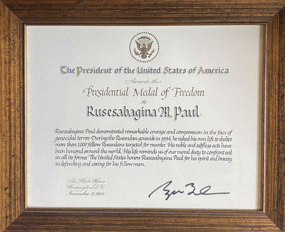 PHOTO: The U.S. Presidential Medal of Freedom that was awarded to Paul Rusesabagina in 2005 is displayed in his home in San Antonio, Texas.