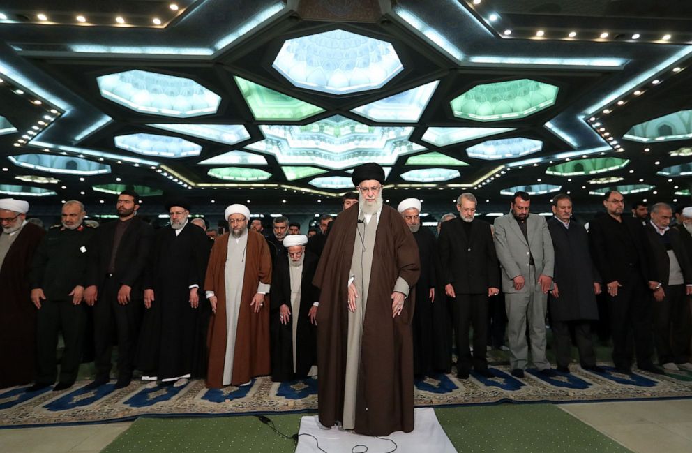 PHOTO: A handout, photo from Iran's Supreme Leader Office shows, Iranian Supreme Leader Ayatollah Ali Khamenei leading a Friday prayer ceremony in Tehran, Jan. 2020. 