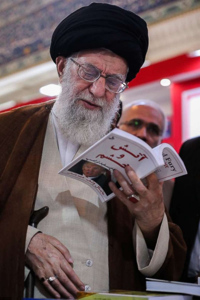PHOTO: Iran's Supreme Leader Ayatollah Ali Khamenei stopped by the 2018 Tehran International Book Fair and was photographed perusing a Farsi copy of the book "Fire and Fury," by Michael Wolff, according to a post on his website on May 11, 2018.