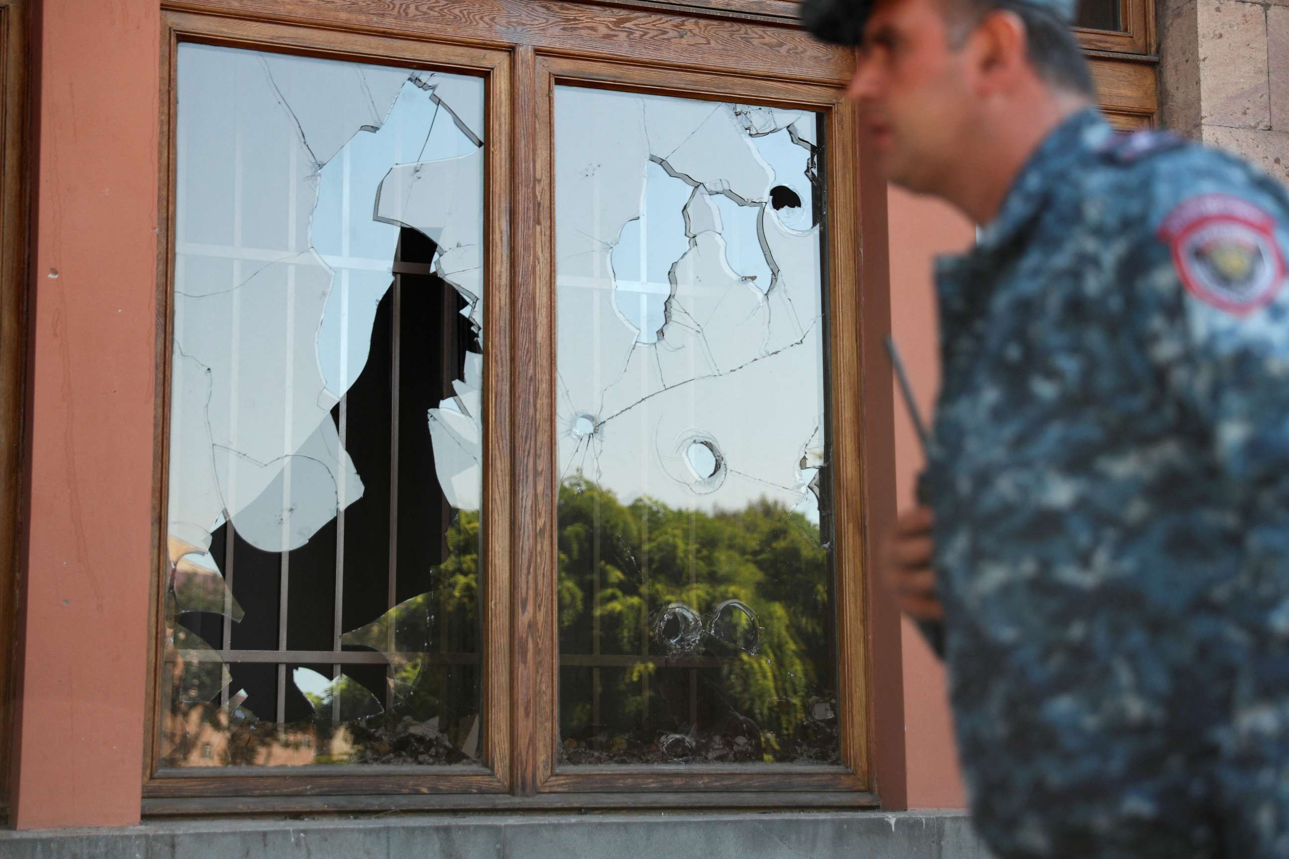 PHOTO: A view shows windows of a government building that were broken during a protest following the launch of a military operation by Azerbaijani forces in the region of Nagorno-Karabakh, in Yerevan, Armenia, Sept. 20, 2023.