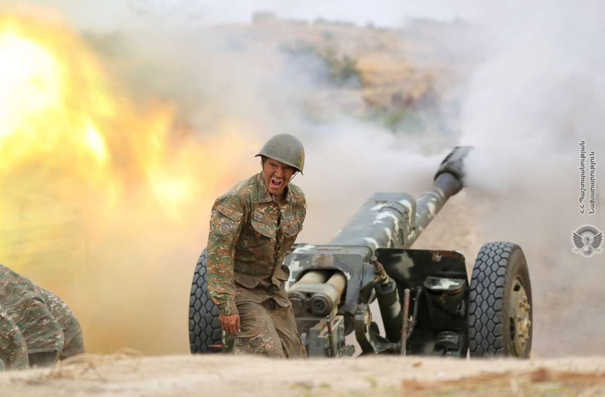 PHOTO: An ethnic Armenian soldier fires an artillery piece during fighting with Azerbaijan's forces in the region of Nagorno-Karabakh, in this handout image released on Sept. 29, 2020 by the Armenian Ministry of Defense.