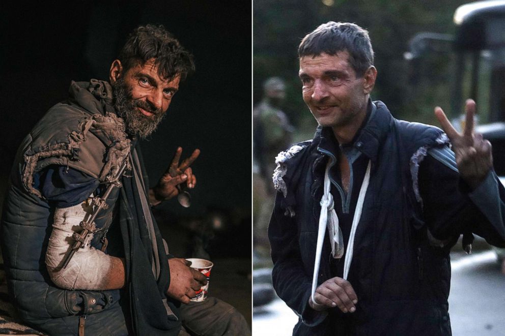 PHOTO: Ukrainian serviceman Mykhailo Dianov gesturing inside the Azovstal iron and steel factory in eastern Mariupol, left, and following his release as part of a prisoner swap, Sept. 22, 2022, in Chernigiv region of Ukraine.