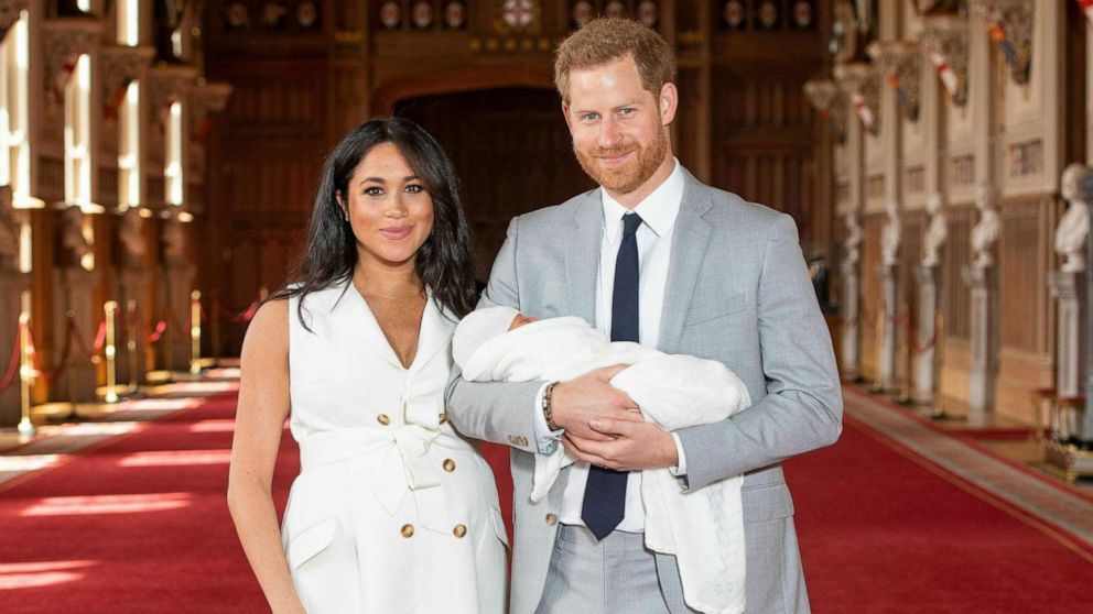 PHOTO: Prince Harry and Meghan, Duchess of Sussex, during a photocall with their newborn son, in St George's Hall at Windsor Castle, Windsor, England, May 8, 2019. 