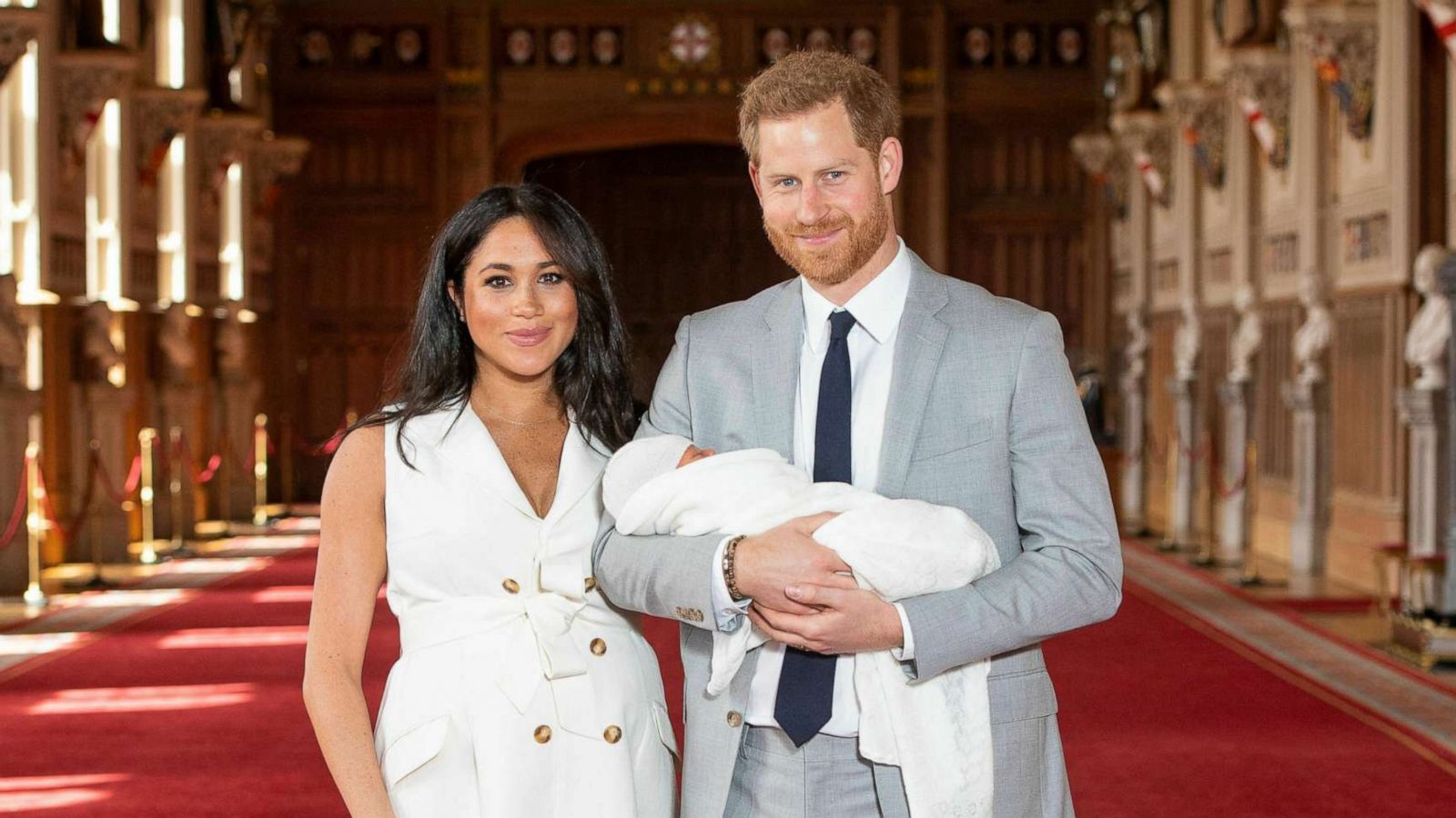 PHOTO: Prince Harry and Meghan, Duchess of Sussex, during a photocall with their newborn son, in St George's Hall at Windsor Castle, Windsor, England, May 8, 2019.