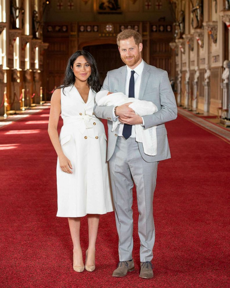PHOTO: Prince Harry and Meghan, Duchess of Sussex, during a photocall with their newborn son, in St George's Hall at Windsor Castle, Windsor, England, May 8, 2019. 