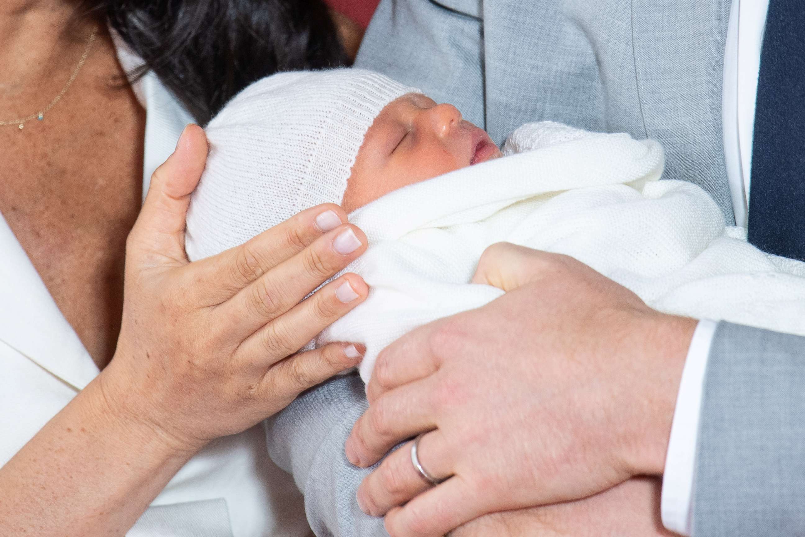PHOTO: Prince Harry and Meghan, Duchess of Sussex are seen with their baby son, who was born on Monday morning, during a photocall in St George's Hall at Windsor Castle, England, May 8, 2019. 