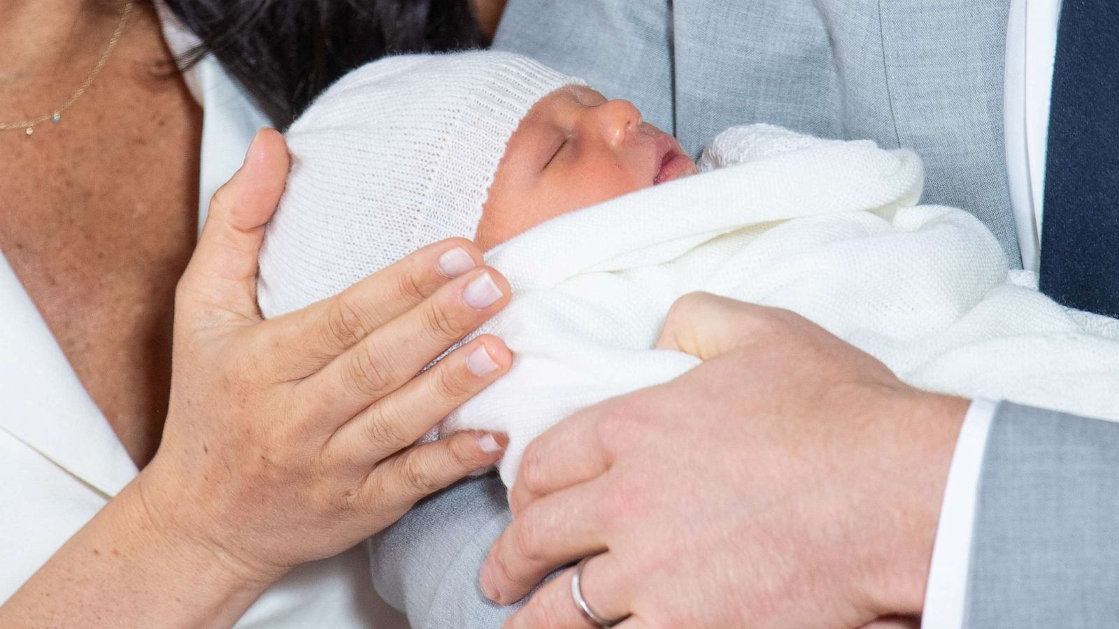 PHOTO: Prince Harry and Meghan, Duchess of Sussex are seen with their baby son, who was born on Monday morning, during a photocall in St George's Hall at Windsor Castle, England, May 8, 2019.