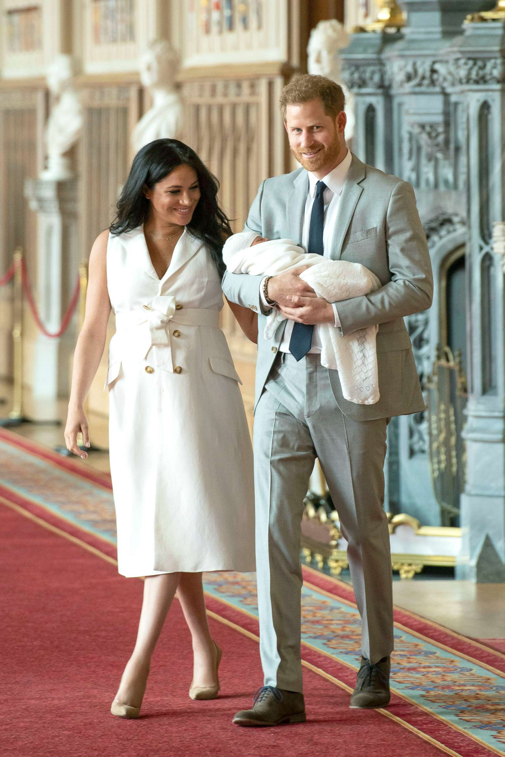PHOTO: Prince Harry and Meghan, Duchess of Sussex, arrive for a photocall with their newborn son, in St George's Hall at Windsor Castle, Windsor, England,May 8, 2019. 