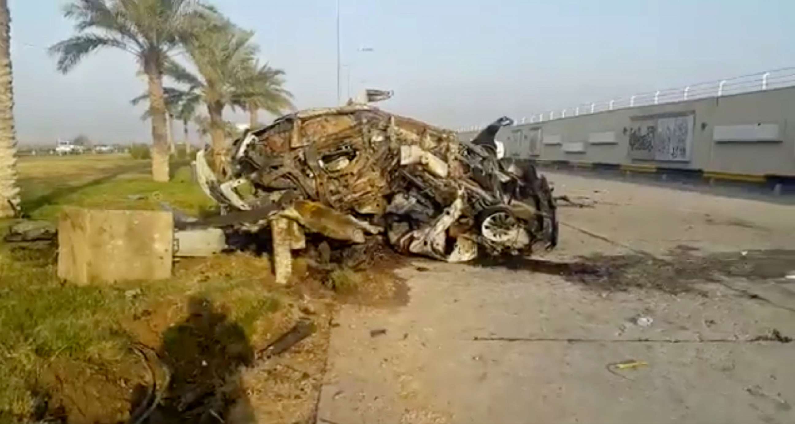 PHOTO: A damaged car, purportedly belonging to Qassem Soleimani and Abu Mahdi al Muhandis, is seen near Baghdad International Airport, Iraq, Jan. 3, 2020, in this still image taken from video.