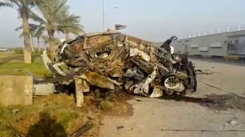 PHOTO: A damaged car, purportedly belonging to Qassem Soleimani and Abu Mahdi al Muhandis, is seen near Baghdad International Airport, Iraq, Jan. 3, 2020, in this still image taken from video.