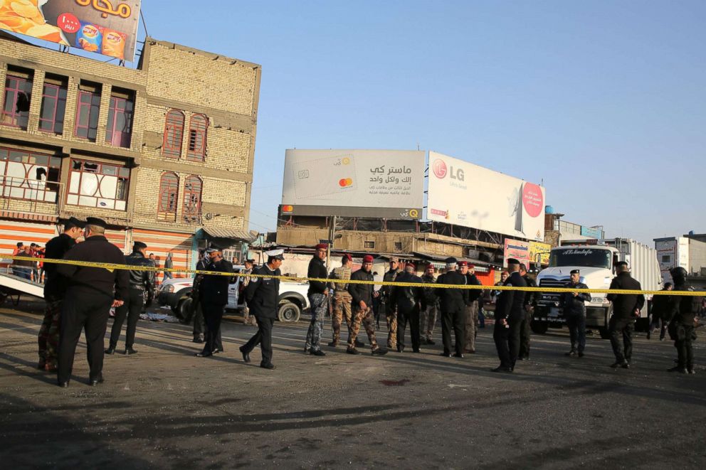 PHOTO: Iraqi security forces cordon off the area where a double suicide bombing killed more than 20 people in central Baghdad, Jan. 15, 2018, the second such attack in the Iraqi capital in three days.
