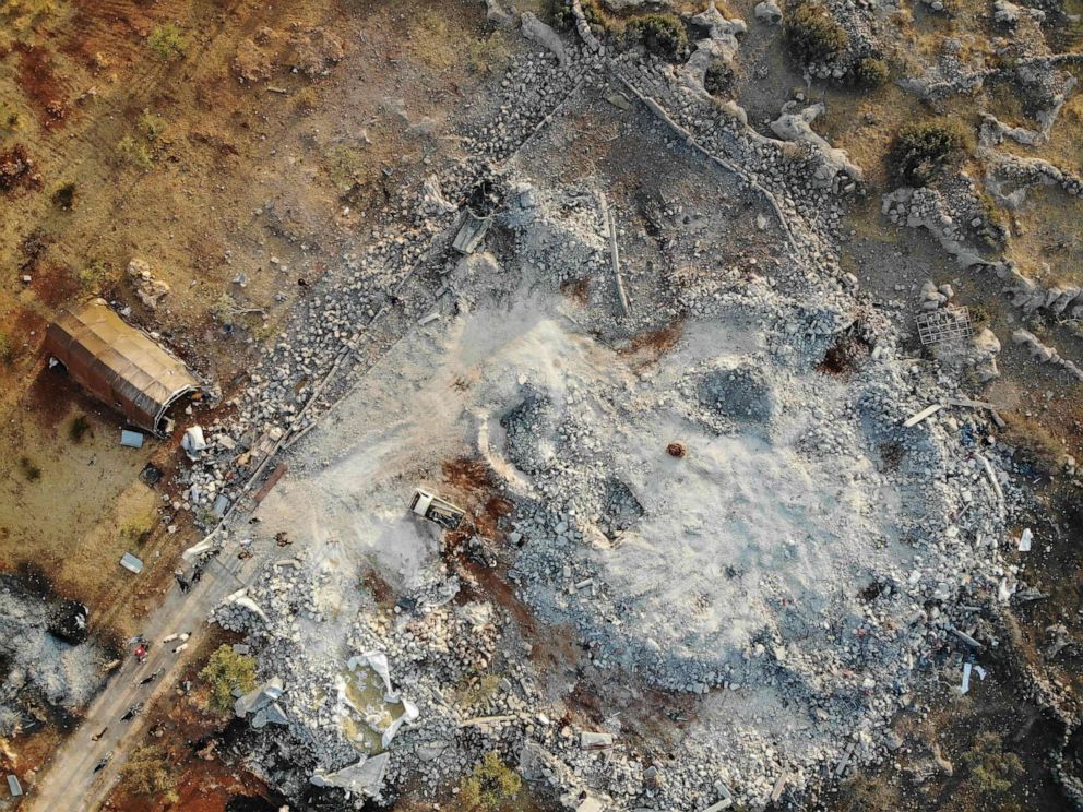 PHOTO: An aerial view taken on on October 27, 2019, shows the site that was hit by helicopter gunfire which reportedly killed nine people near the northwestern Syrian village of Barisha in the Idlib province along the border with Turkey.