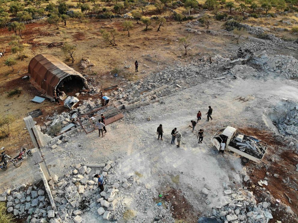PHOTO: An aerial view taken on October 27, 2019, shows the site that was hit by helicopter gunfire which reportedly killed nine people near the northwestern Syrian village of Barisha in the Idlib province along the border with Turkey.
