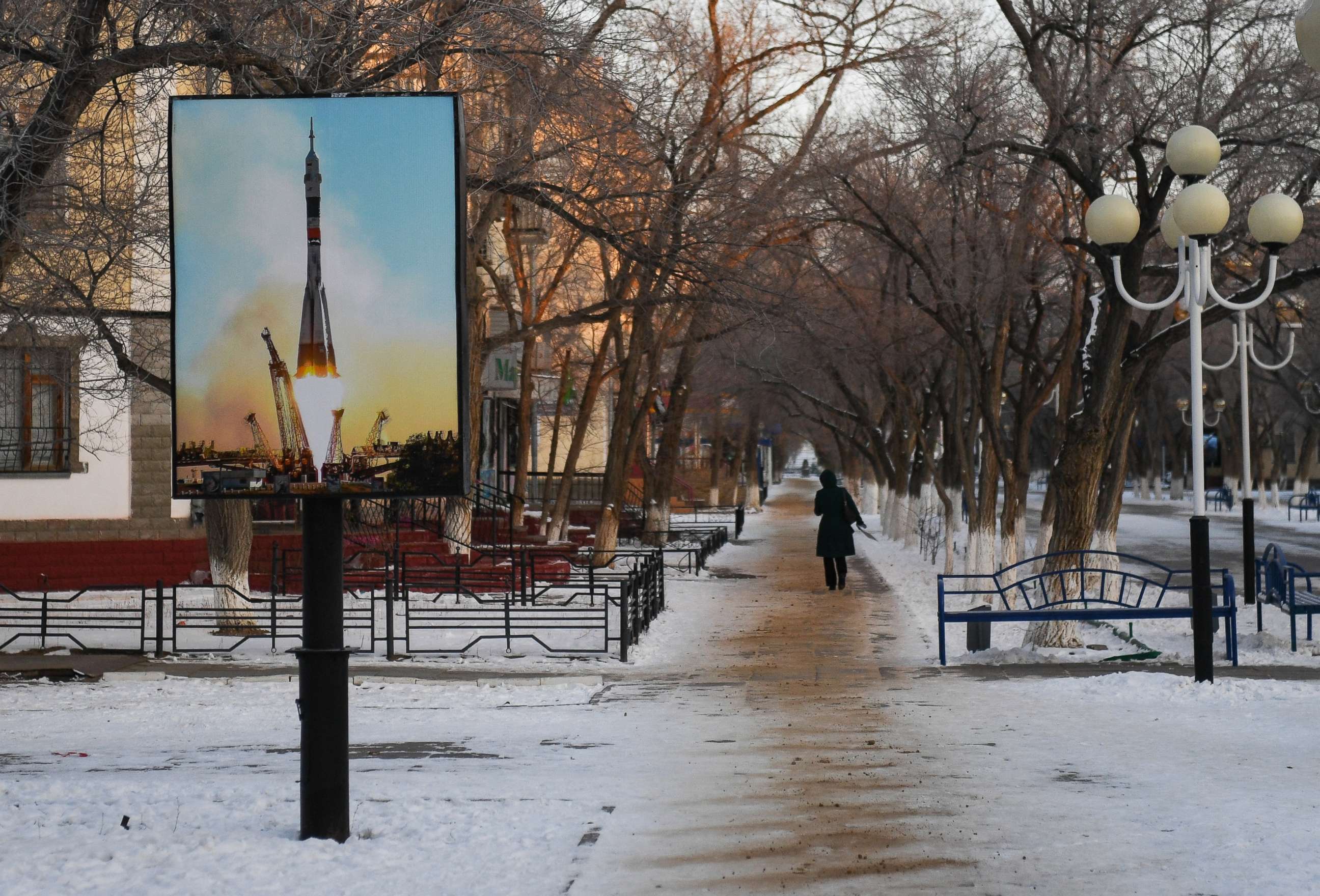 PHOTO: A poster of a rocket is seen in Korolyov Prospekt in Baikonur, Kazakhstan, Dec. 14, 2017. 