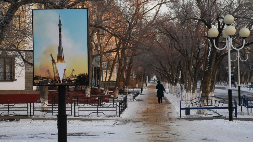PHOTO: A poster of a rocket is seen in Korolyov Prospekt in Baikonur, Kazakhstan, Dec. 14, 2017. 