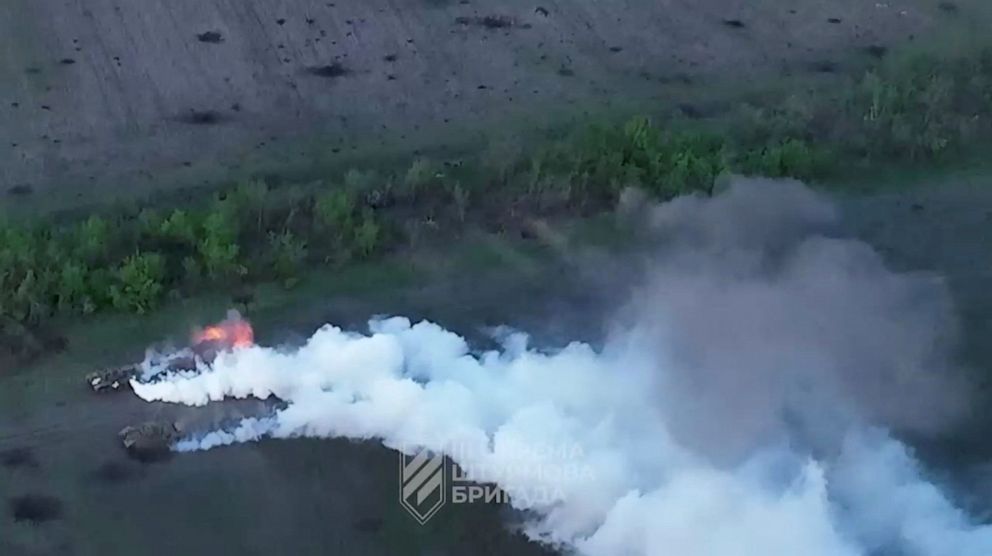 PHOTO: A view of military vehicles as Ukrainian forces destroy Russian positions in direction of Bakhmut, near Klischiivka, Donetsk Region, Ukraine, in this still taken from a video released on June 4, 2023.