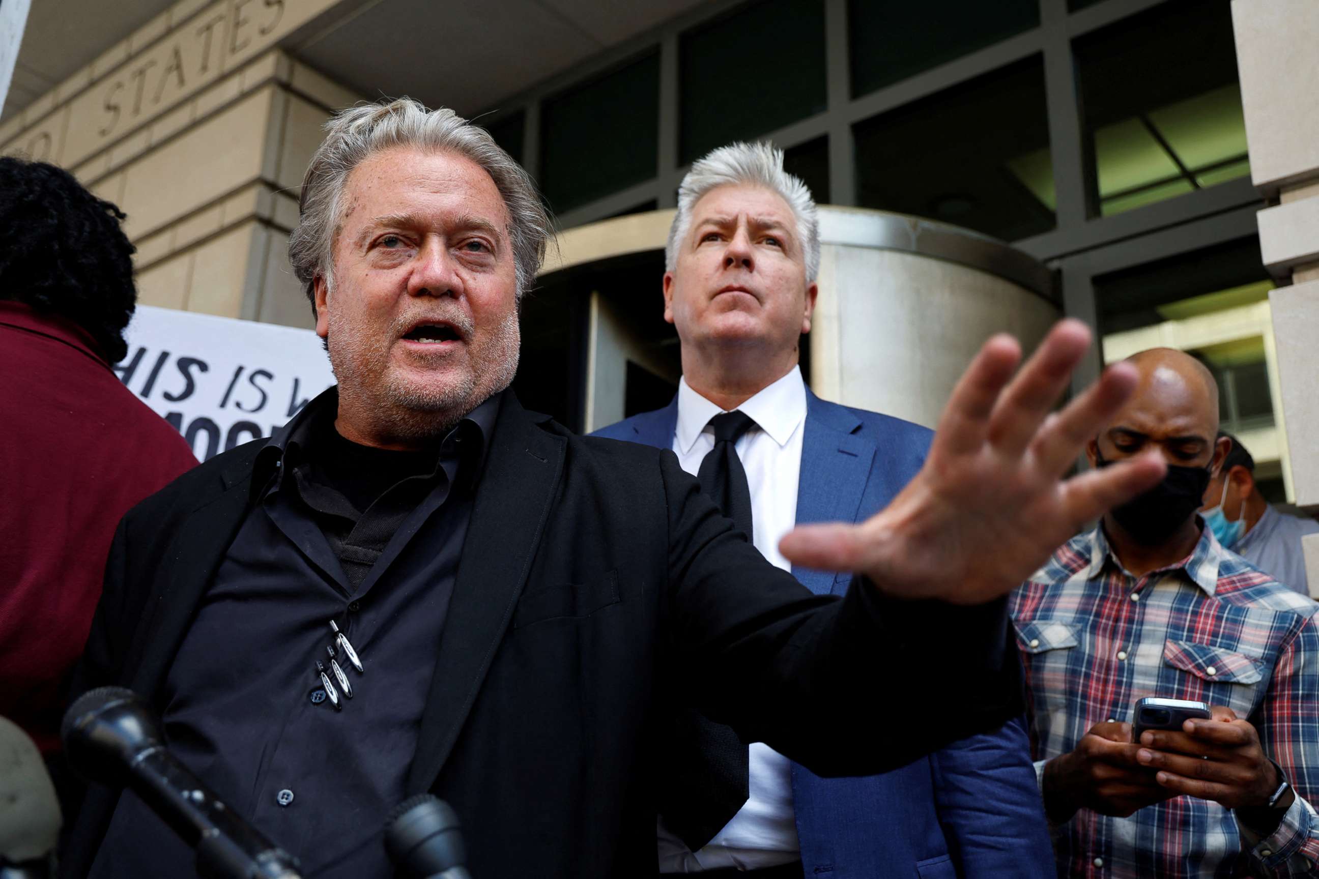 PHOTO: Former U.S. President Donald Trump's White House chief strategist Steve Bannon speaks to the media as he departs after he was found guilty during his trial on contempt of Congress charges, at U.S. District Court in Washington, D.C., July 22, 2022.