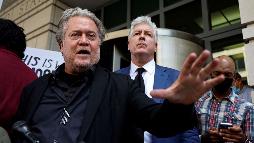 PHOTO: Former U.S. President Donald Trump's White House chief strategist Steve Bannon speaks to the media as he departs after he was found guilty during his trial on contempt of Congress charges, at U.S. District Court in Washington, D.C., July 22, 2022.