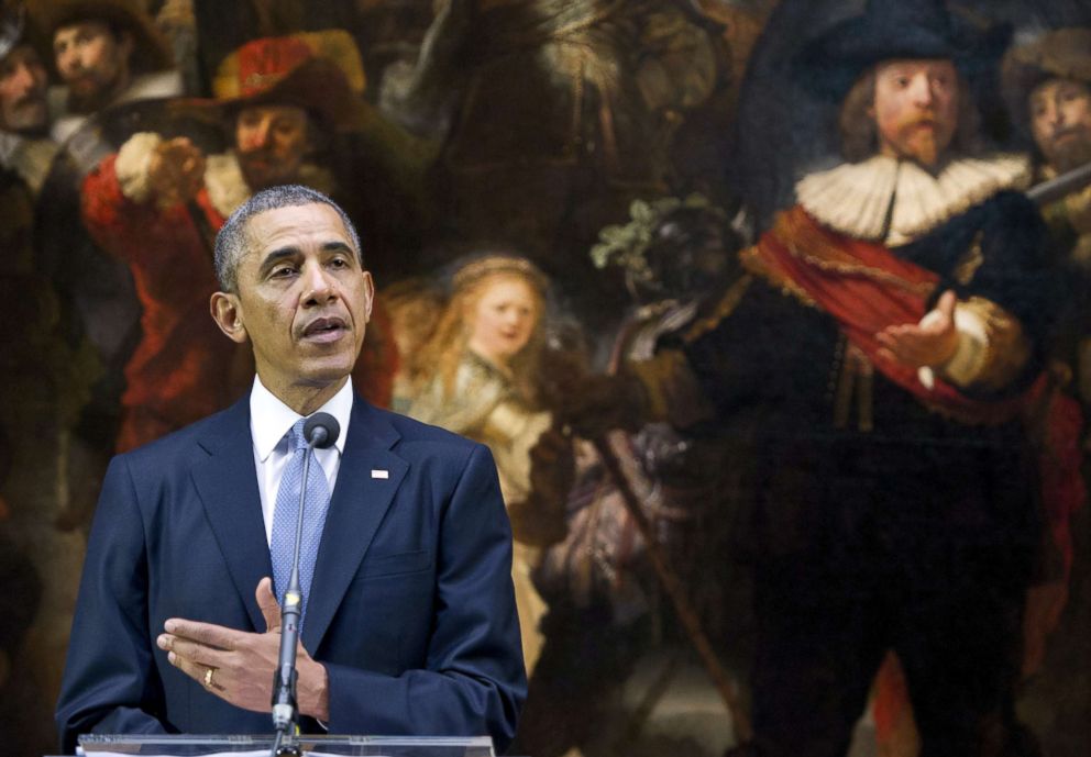 PHOTO: President Barack Obama speaks in front of Rembrandt's "Night Watch" during a joint press conference with the Dutch prime minister at the Rijksmuseum in Amsterdam on March 24, 2014.