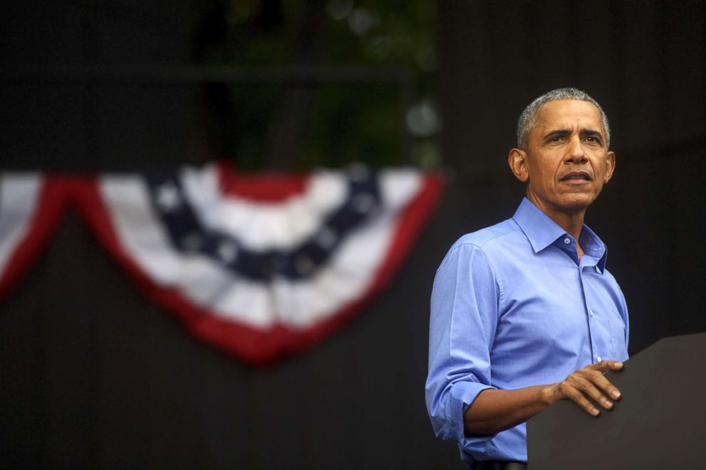 PHOTO: Former President Barack Obama speaks during a campaign rally for Senator Bob Casey and Pennsylvania Governor Tom Wolf, Sept. 21, 2018, in Philadelphia.