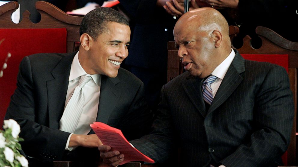 PHOTO: In this March 4, 2007, file photo, presidential candidate Senator Barack Obama talks to Congressman John Lewis during the 42nd Annual Commemoration of the 1965 Selma-Montgomery Voting Rights March in Selma, Ala.