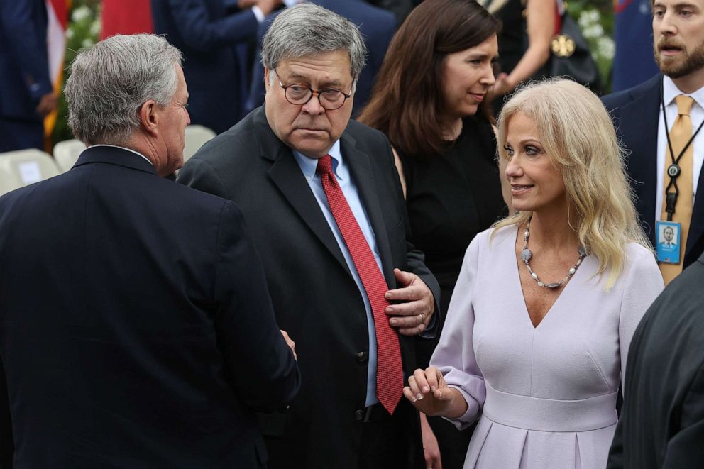 White House Chief of Staff Mark Meadows, Attorney General William Barr and Counselor to the President Kellyanne Conway talk in the Rose Garden after President Trump introduced Judge Barrett as his Supreme Court nominee, Sept. 26, 2020 in Washington, D.C.