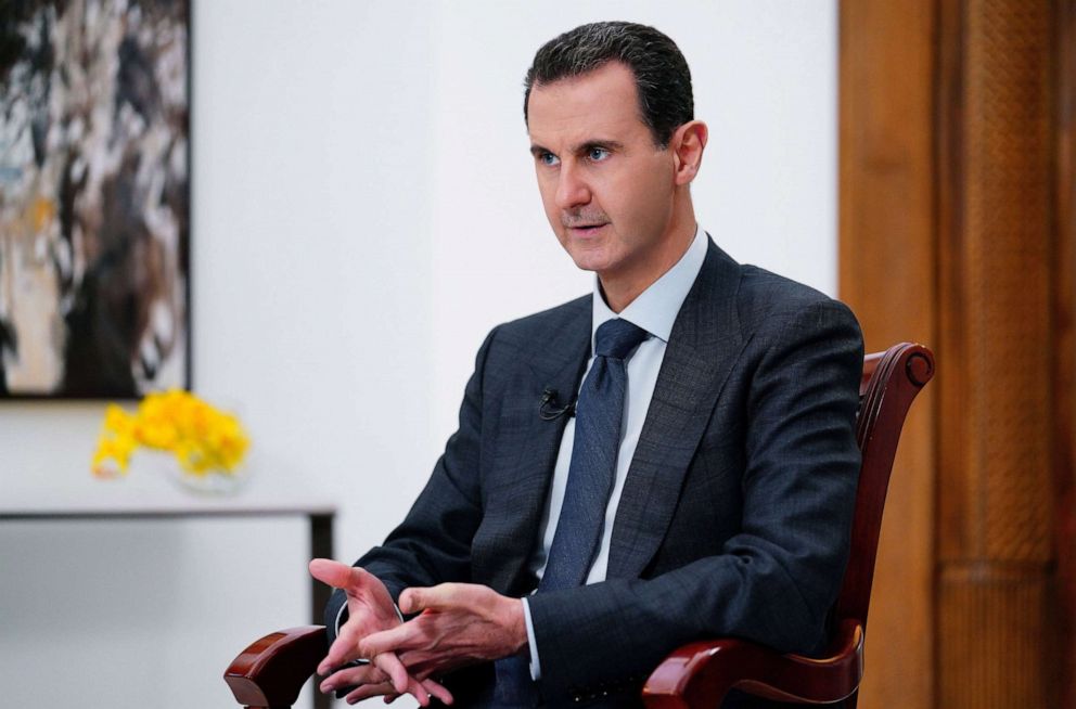 PHOTO: President Bashar al-Assad speaks during an interview with Italian national public television, in a photo released by the official Syrian Arab News Agency (SANA) on Dec. 9, 2019.
