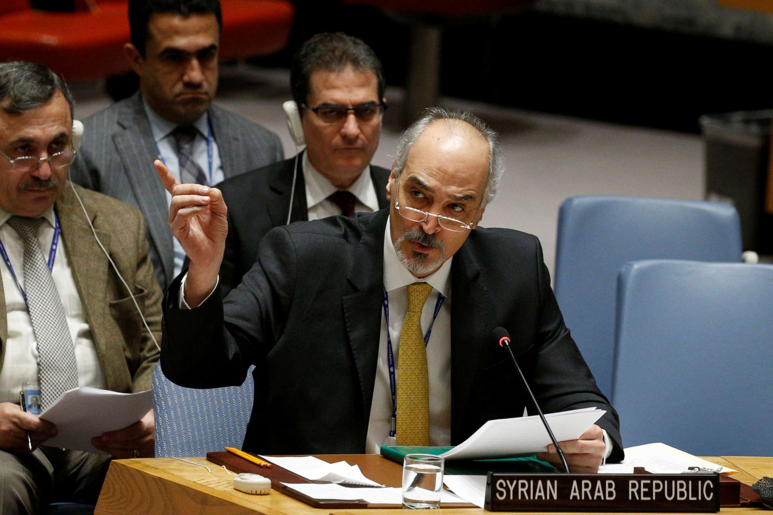 PHOTO: Syrian Arab Republic Ambassador to the United Nations Bashar Jaafari speaks during a United Nations Security Council meeting on Syria at the United Nations headquarters in New York, Feb. 22, 2018.