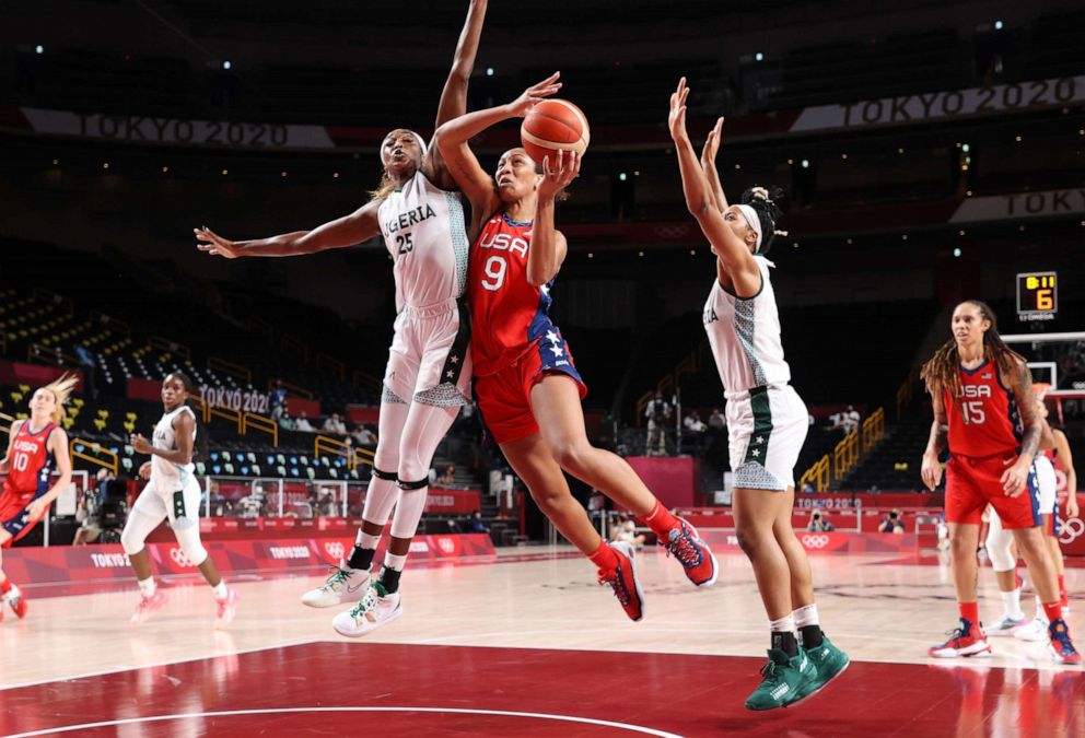 PHOTO: A'Ja Wilson #9 of Team United States goes up for a shot against Victoria Macaulay #25 of Team Nigeria during the second half of a Women's Preliminary Round Group B game on day four of the Tokyo 2020 Olympic Games on July 27, 2021 in Saitama, Japan.