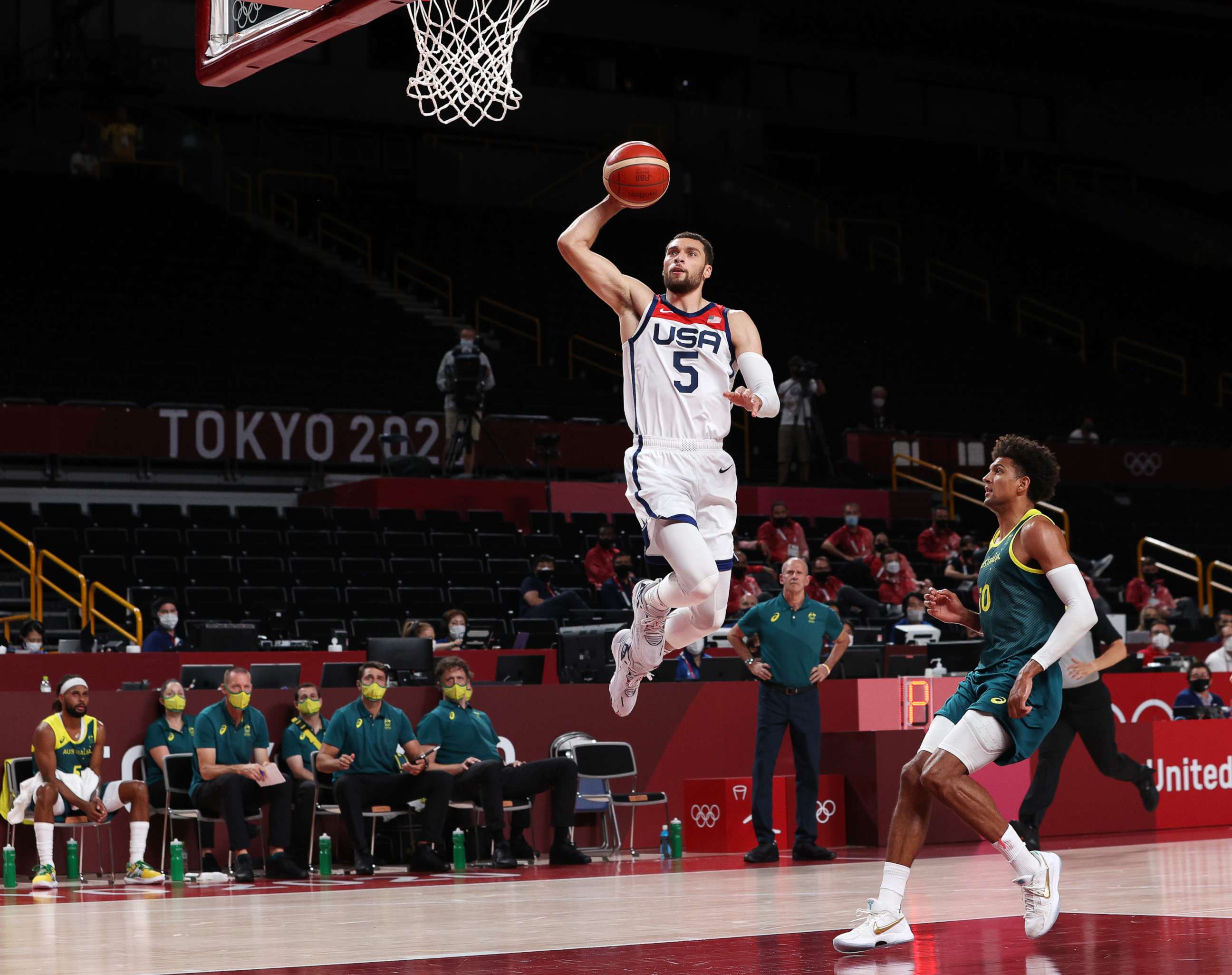 PHOTO: Zachary Lavine of Team United States goes up for a dunk against Team Australia during on Aug. 5, 2021 in Saitama, Japan.