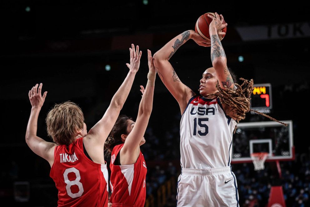 PHOTO: Brittney Griner of the United States shoots during the women's basketball final between the United States and Japan at the Tokyo 2020 Olympic Games in Saitama, Japan, Aug. 8, 2021.