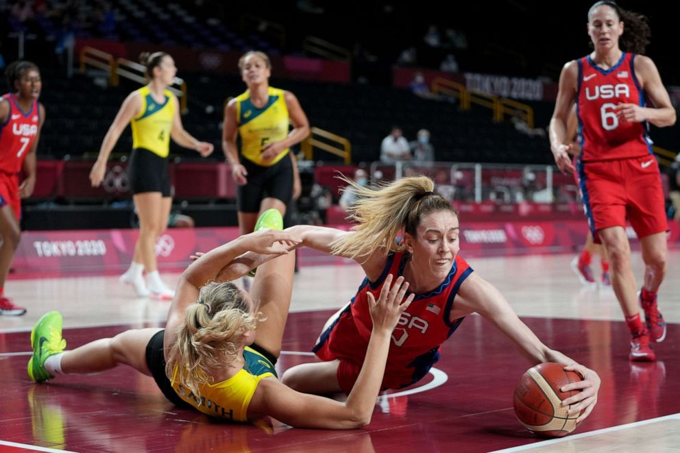 PHOTO: Breanna Stewart of the USA competes for the ball with Alanna Smith of Australia during the Women's Quarterfinal Basketball match during the Tokyo Olympic Games in Saitama, Japan, Aug. 4, 2021.