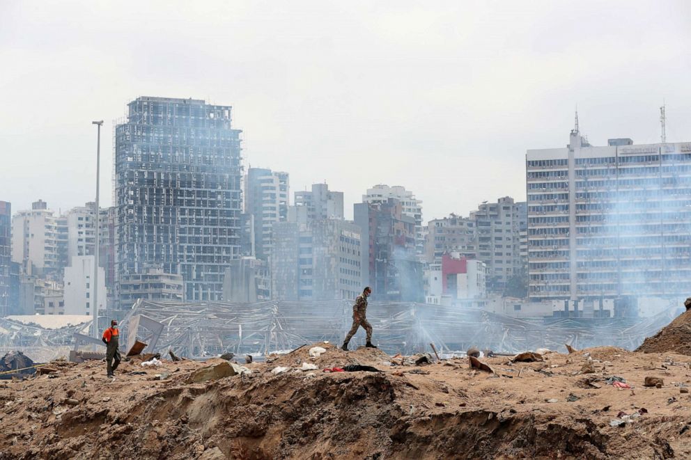PHOTO: A soldier walks at the devastated site of the explosion at the port of Beirut, Lebanon August 6, 2020.
