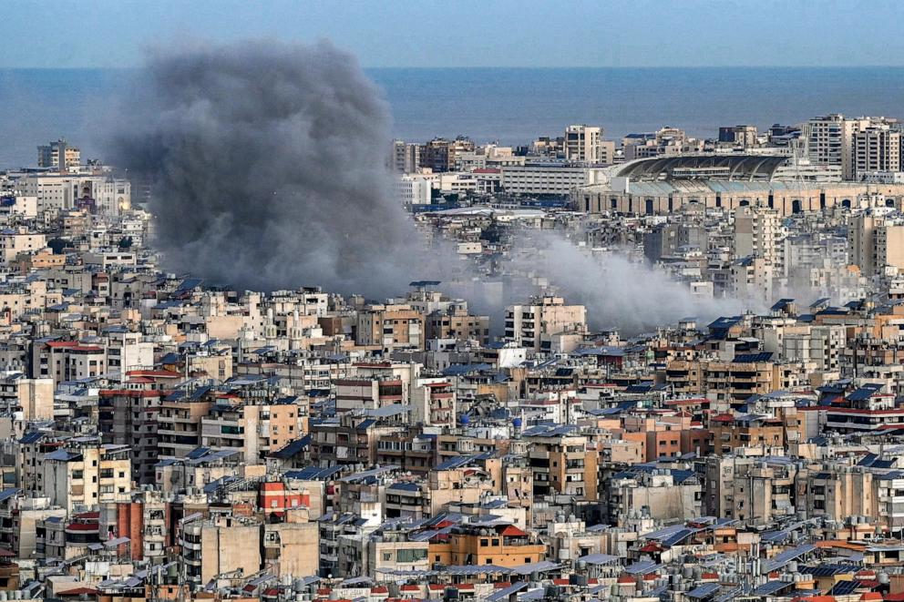 PHOTO: Smoke plumes rise from the site of an Israeli airstrike on Beirut's southern suburbs on March 9, 2026. 
