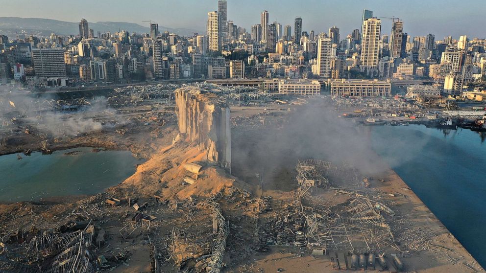 PHOTO: An aerial view of the destroyed port after two massive Aug. 4 explosions in Beirut, Aug. 5, 2020.