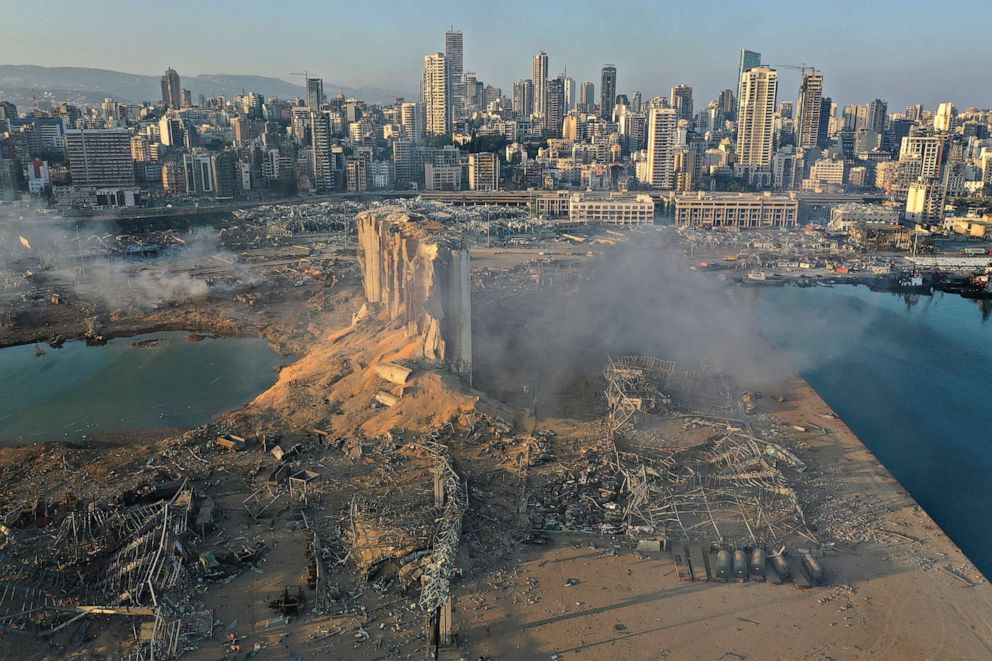 PHOTO: An aerial view of the destroyed port after two massive Aug. 4 explosions in Beirut, Aug. 5, 2020.