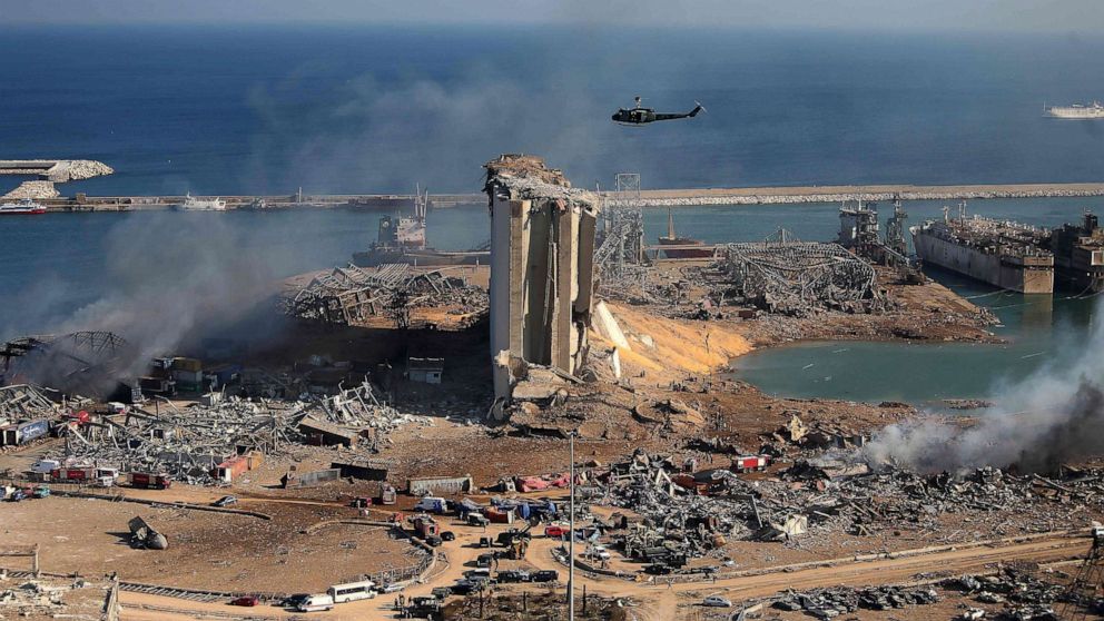 PHOTO: Damaged grain silos and its surroundings, Aug. 5, 2020, one day after a powerful explosion tore through Beirut.