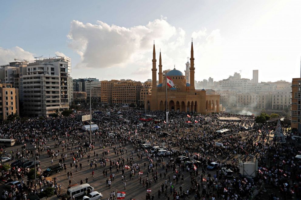 PHOTO: Demonstrators gather during a protest following Tuesday's blast, in Beirut, Aug. 8, 2020.