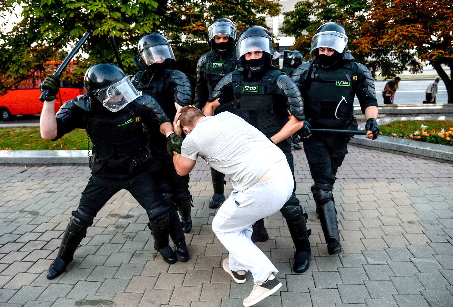 PHOTO: Police officers detain demonstrators during a protest the day after the presidential election, in Minsk, Belarus, Aug. 10, 2020. 