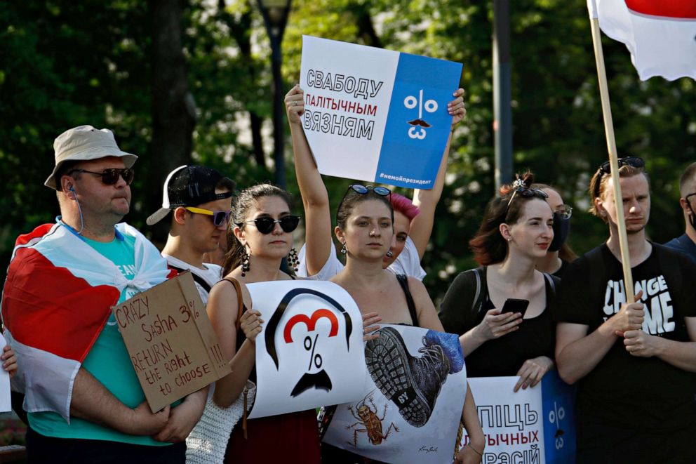 PHOTO: People march during protest against a crackdown in Belarus, in Vilnius, Lithuania, June 19, 2020.