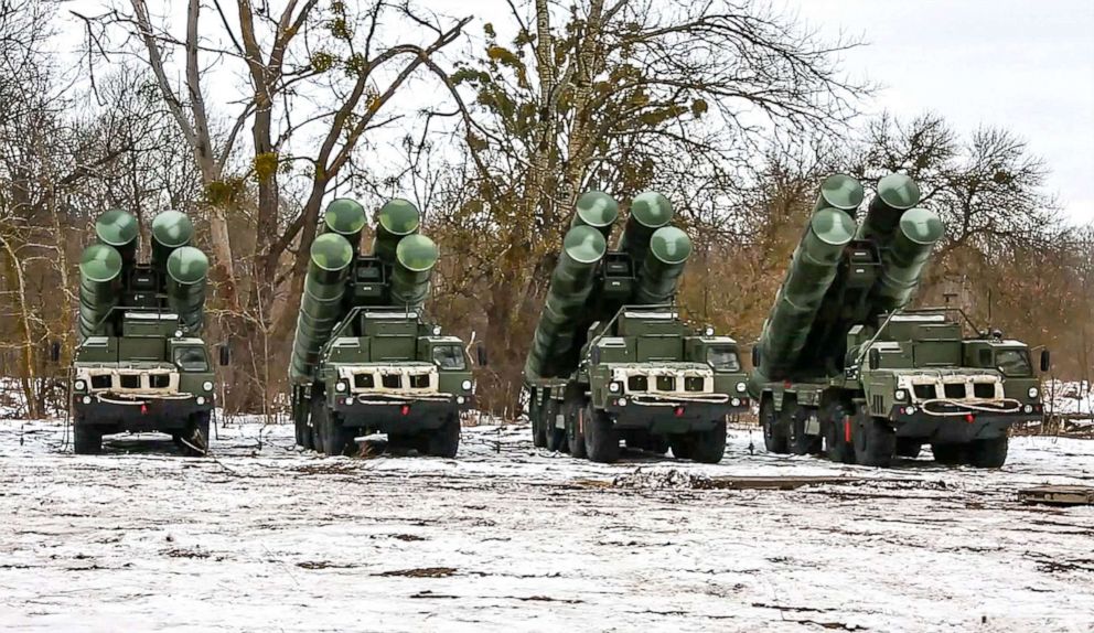 PHOTO: This handout video grab released by the Russian Defense Ministry on Feb. 9, 2022 shows combat crews of the S-400 air defense system taking up combat duty during joint exercises in Belarus.