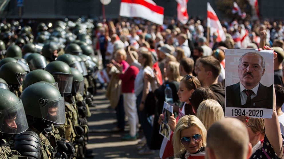 PHOTO: Belarusian servicemen block a street during an opposition supporters rally protesting against disputed presidential elections results in Minsk, Belarus, Aug. 30, 2020. 