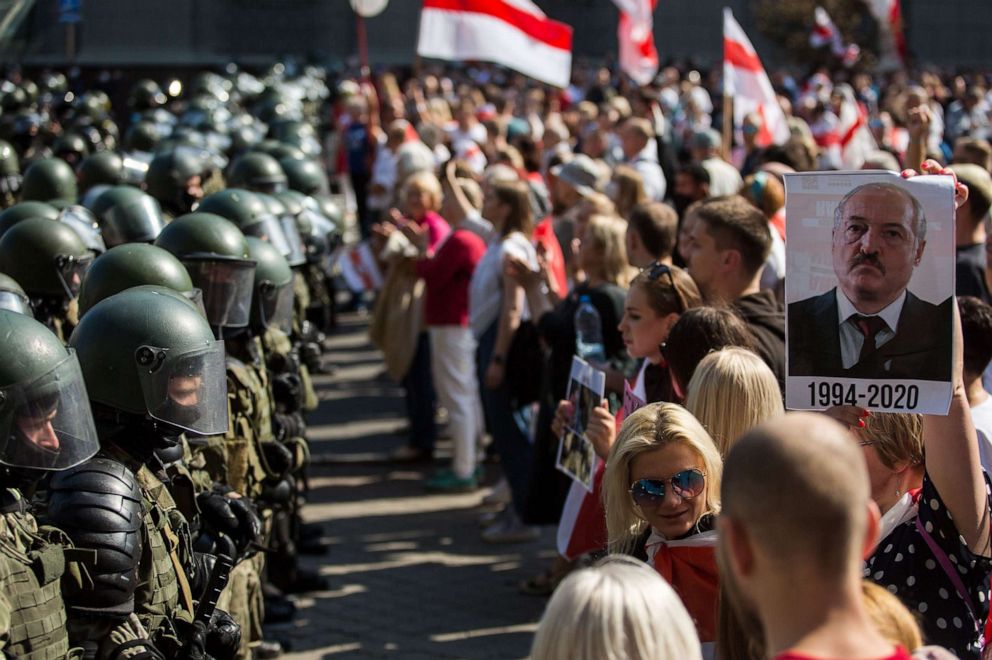 PHOTO: Belarusian servicemen block a street during an opposition supporters rally protesting against disputed presidential elections results in Minsk, Belarus, Aug. 30, 2020. 