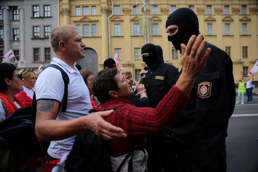 PHOTO: Law enforcement officers block a street during a rally of opposition supporters protesting against presidential election results in Minsk, Belarus Aug. 30, 2020.